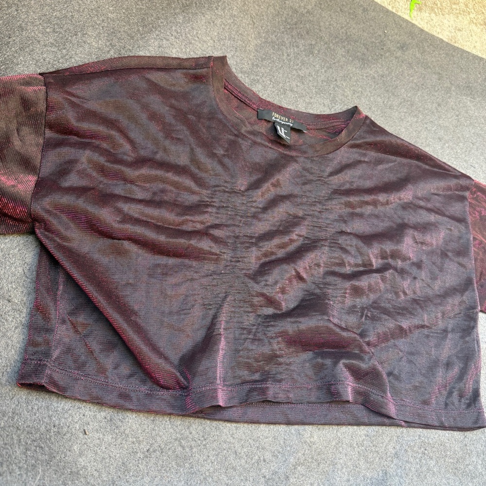4/$25 F21 Womens Sheer Short-Sleeve Crop Top xl red dark Burgundy see through A5